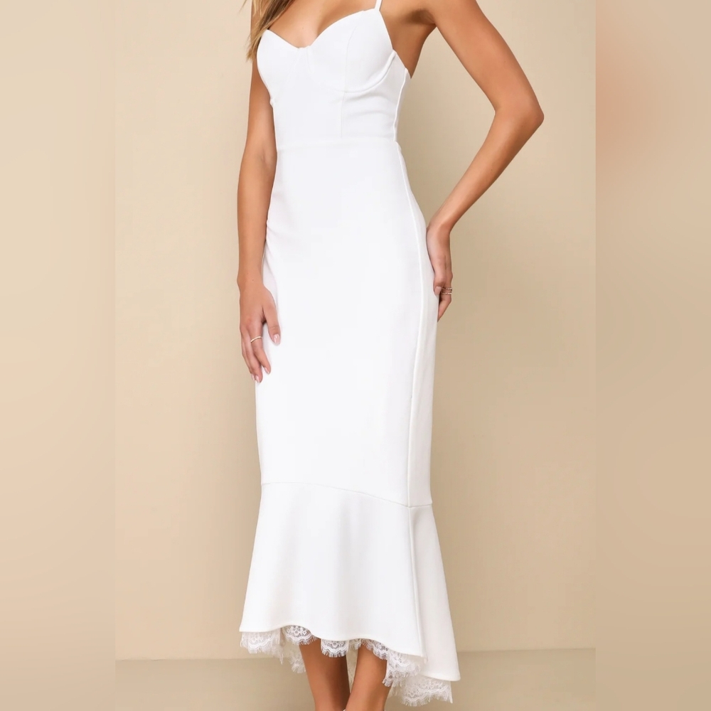 Lulus | White Bustier Trumpet Hem Midi Dress | Lace-Up Back | Size  L